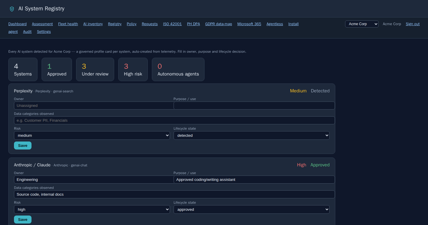Vantage AI system registry showing owner, risk, and lifecycle state per AI service
